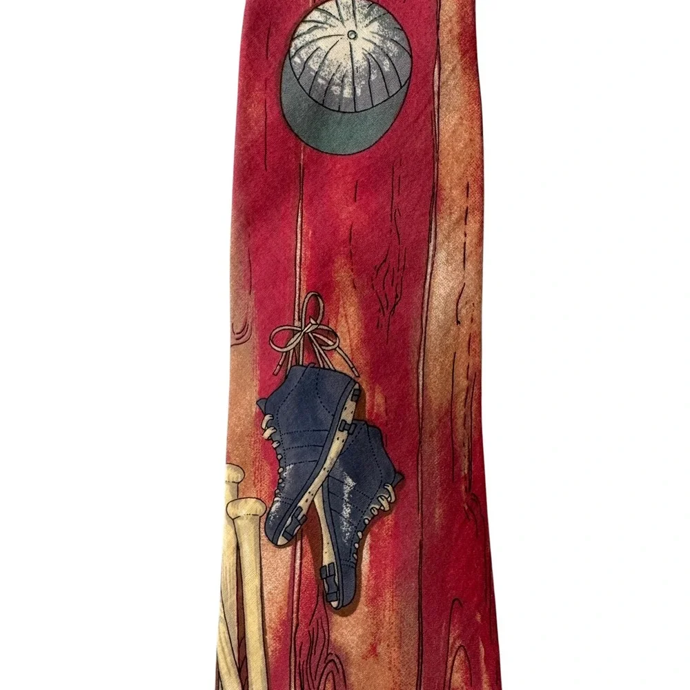 Lands End Mens Vintage Baseball Dugout Graphic Cotton Necktie Red Orange USA